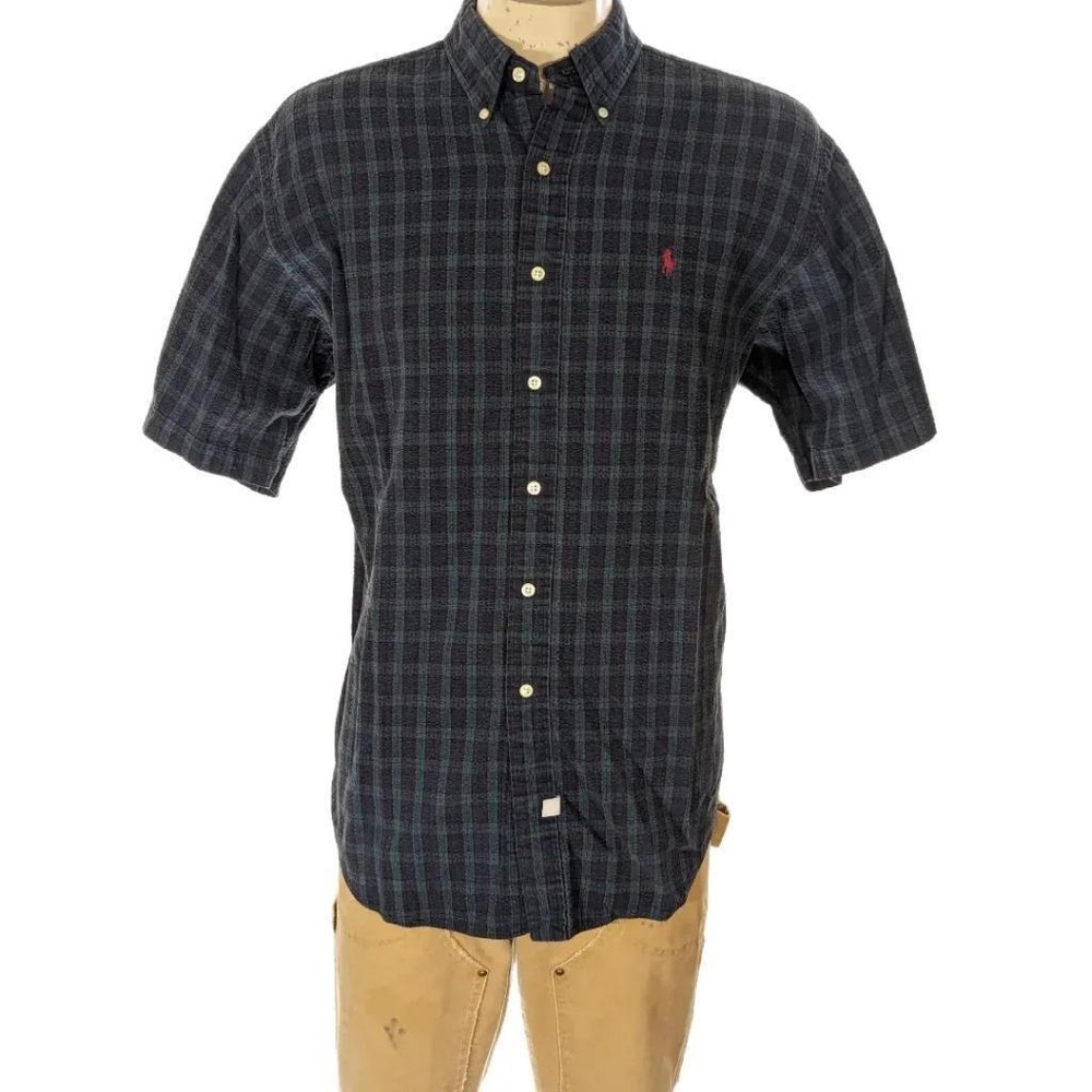 VTG Polo Ralph Lauren Tartan Plaid Cotton Short Sleeve Button Down Shirt S L EUC